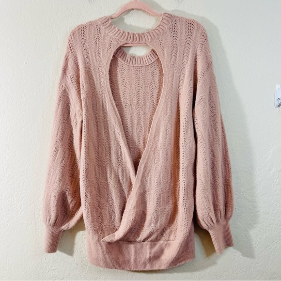 Hinge Acrylic Blend Round Neck Open Back Long Sleeve Women Sweater S Pink Soft - Picture 2 of 10